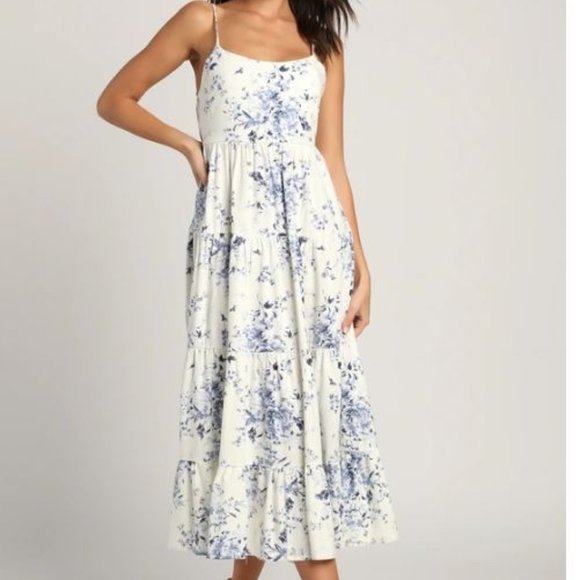 Mykonos Mood Ivory Floral Print Tie-Strap Tiered Midi Dress Lulus - Picture 1 of 4